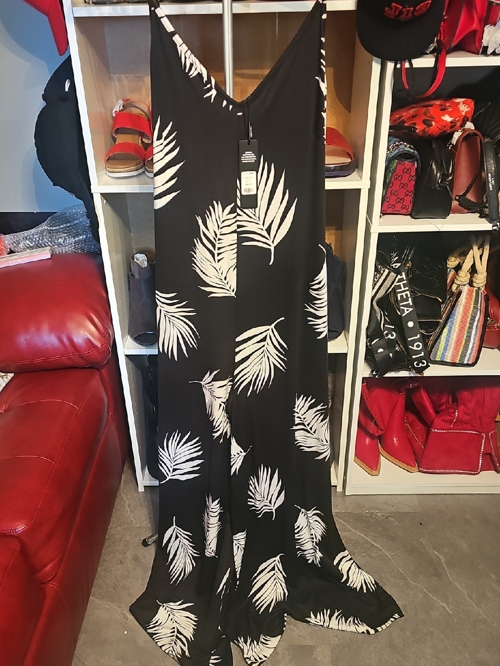 Black Palm-Print Maxi Jumpsuit - Elegant Summer Slip On